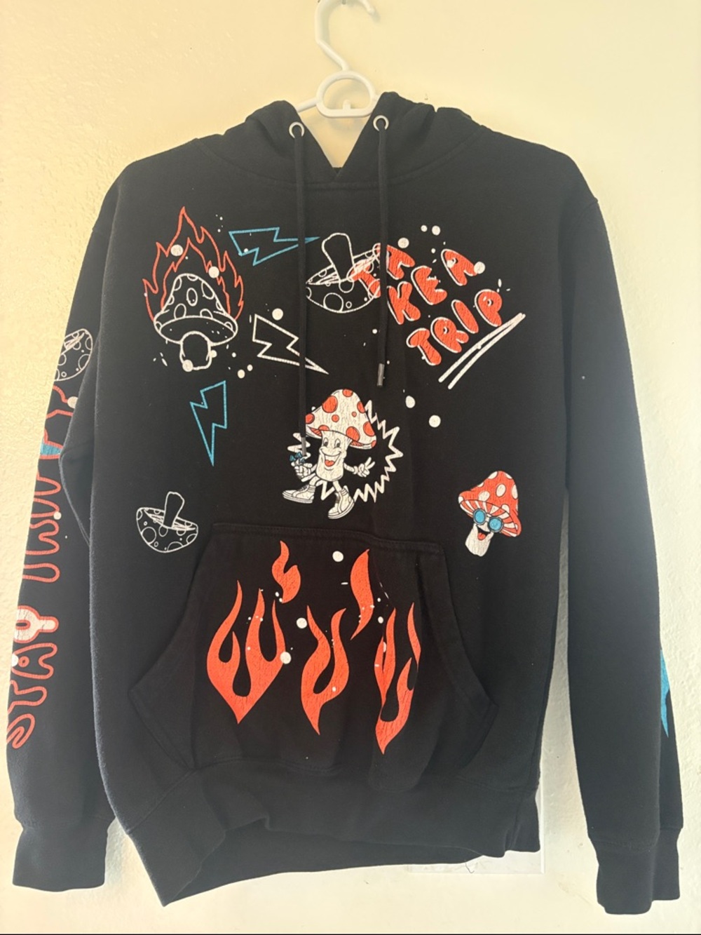 Black Graphic Hoodie with Orange Flame & Mushroom Print